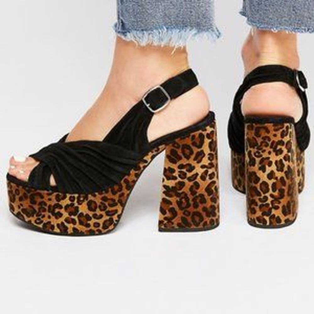 Platform Block Heel Sandals - Black with Leopard Print